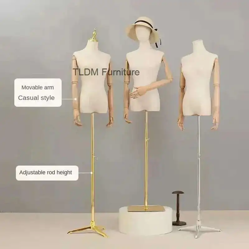 

Metal Arm Cloth Cover Female Head Half Mannequins Wooden Base Wedding Clothing Display Stand Adjustable Clothing Store Mannequin
