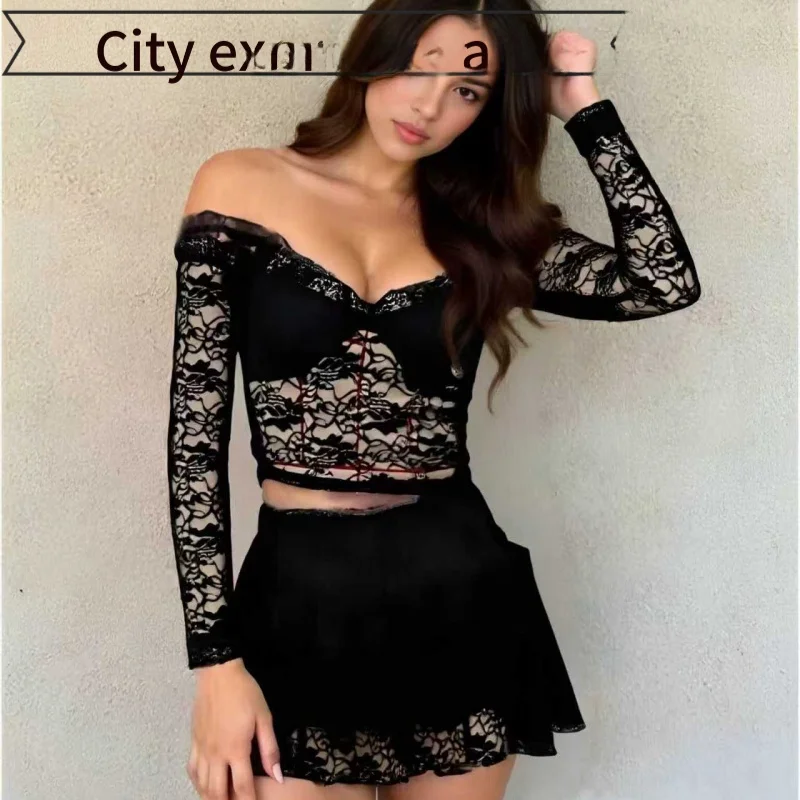 

Сексуальный кружевной комплект: облегающая юбка и топ на бретельках, сетчатый полупринт, полуформальный длинный рукав, китайский стиль, женский костюм