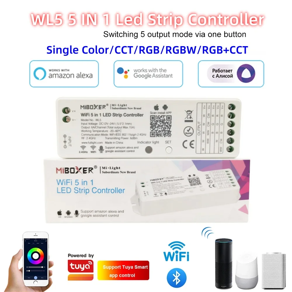 

Miboxer 5 in 1 WiFi Led Controller WL5 For RGB RGBW RGB+CCT Single color Led Strip Support TUYA /Third Party Voice App Control