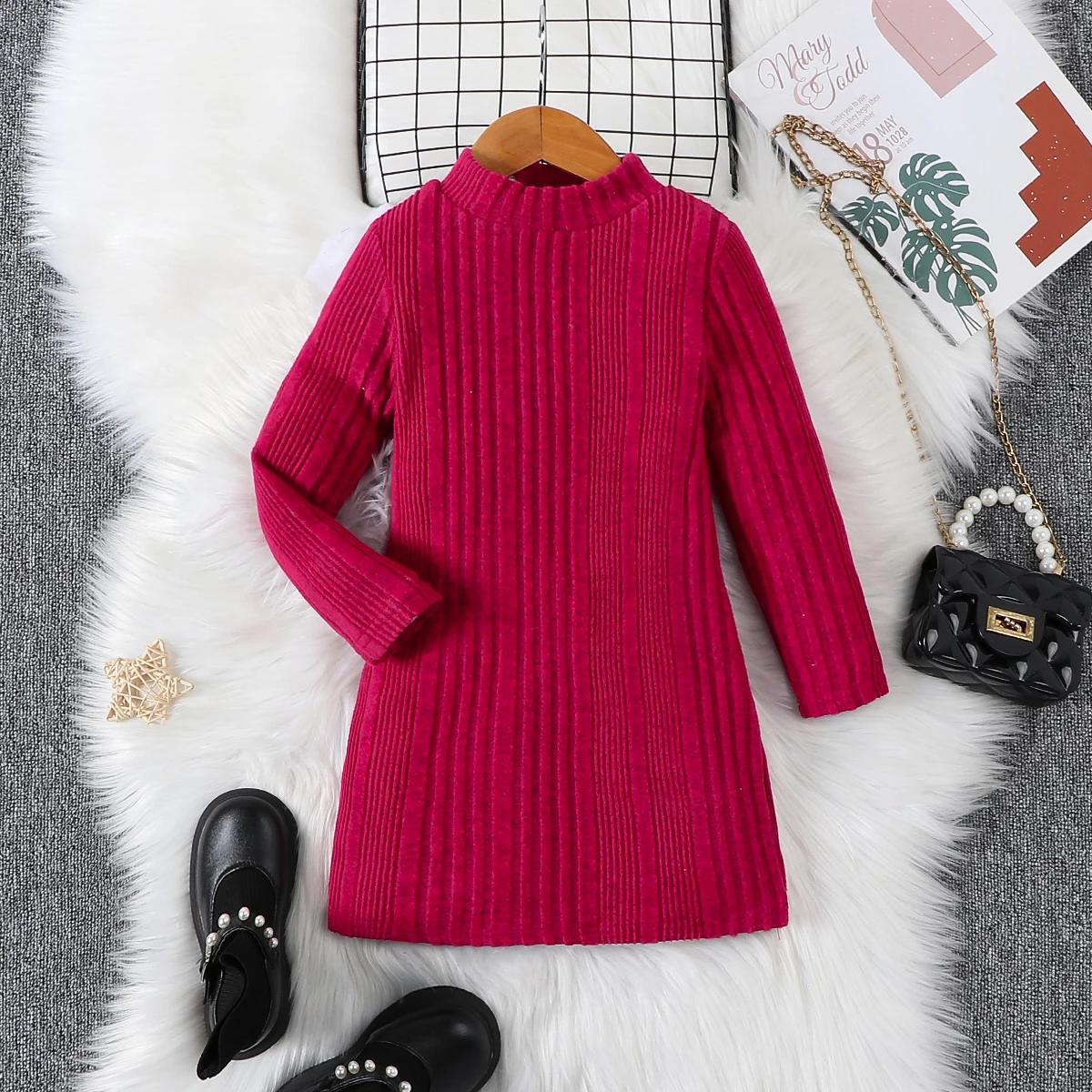 Autumn and winter girls\' long sleeved round neck solid color pit stripe knitted casual simple and fashionable cute dress
