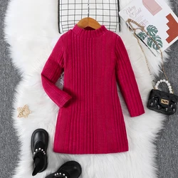 Autumn and winter girls' long sleeved round neck solid color pit stripe knitted casual simple and fashionable cute dress