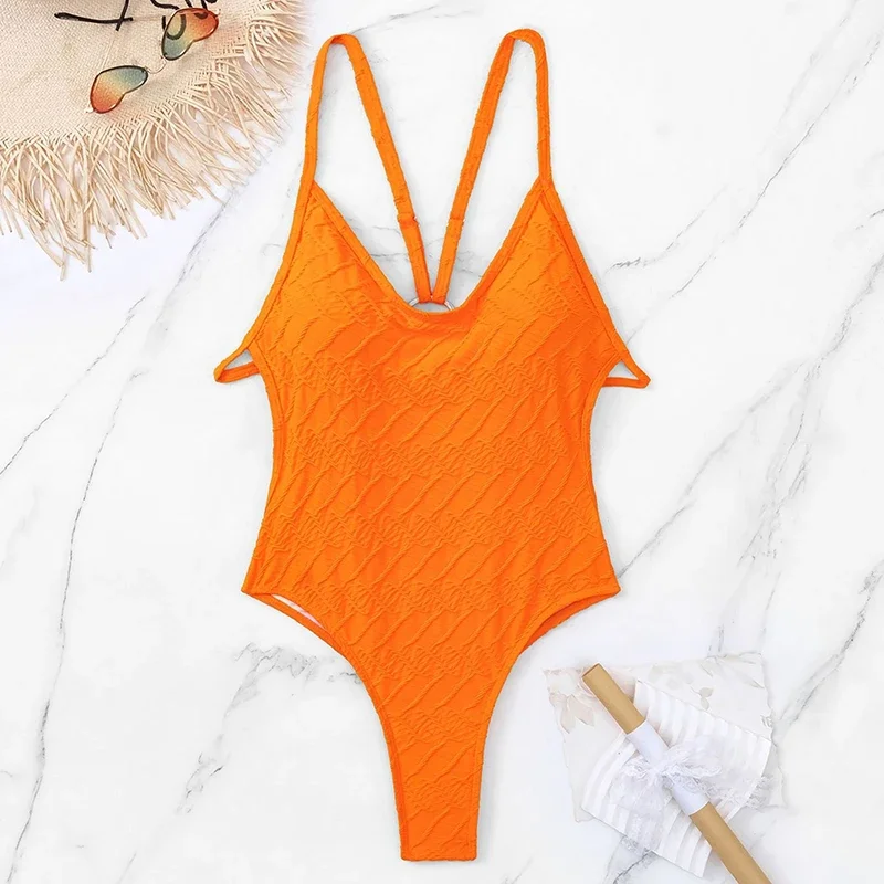 Traje de baño de Jacquard a la moda para mujer, traje de baño Sexy de una pieza con tirantes y espalda descubierta, traje de baño ajustado para vacaciones en la playa 2025