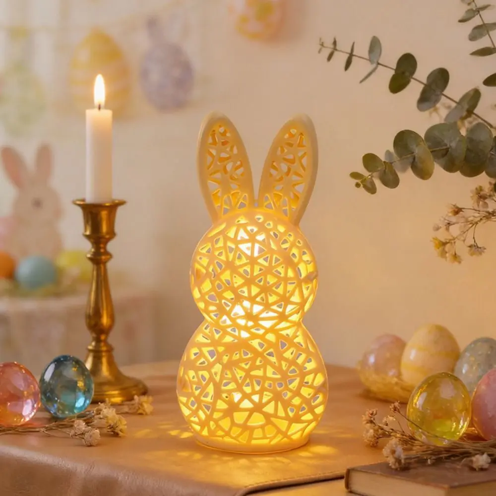 3D Printed Rabbit Lamp Festive Atmosphere Hollow Design 3D Printed LED Table Decoration Easter Ornament Set Nursery Room