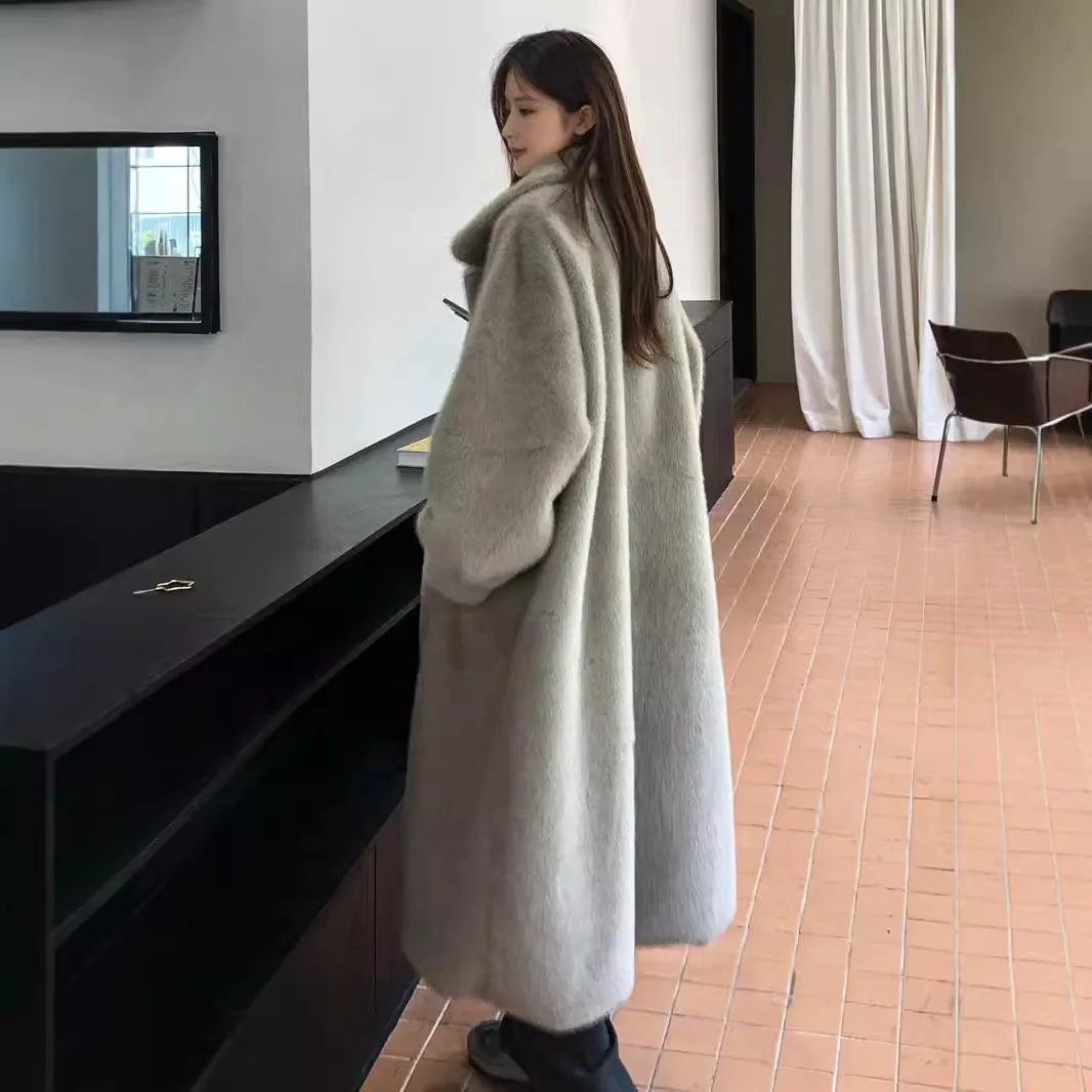 Cross-border Europe and the United States extended fur  winter imitation mink plush coat women's loose thickened lapel clothes