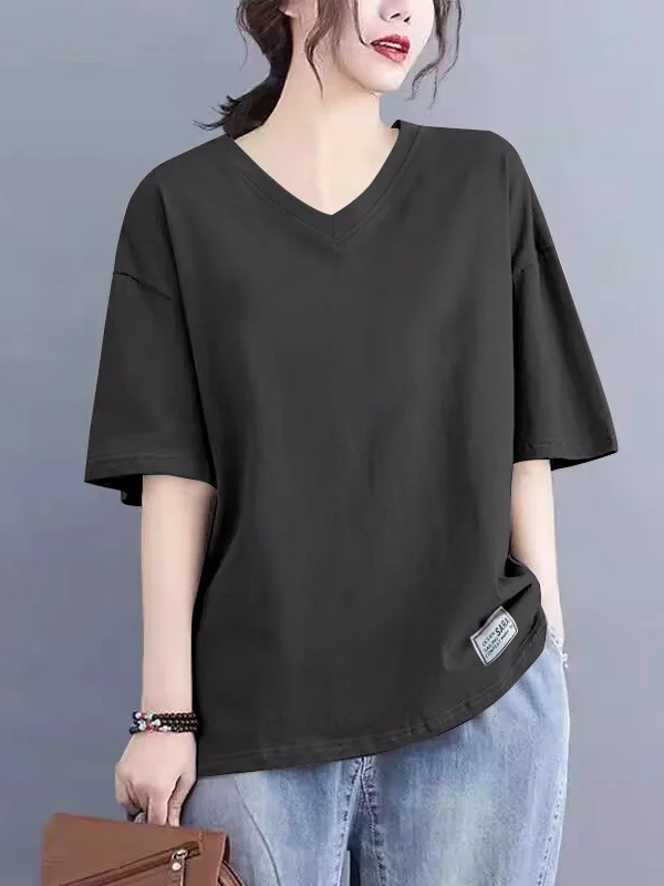 Slimming Effect Pure Cotton V-Neck Loose Short Sleeve T-Shirt for plus Size Women Casual Comfortable Breathable Summer Top