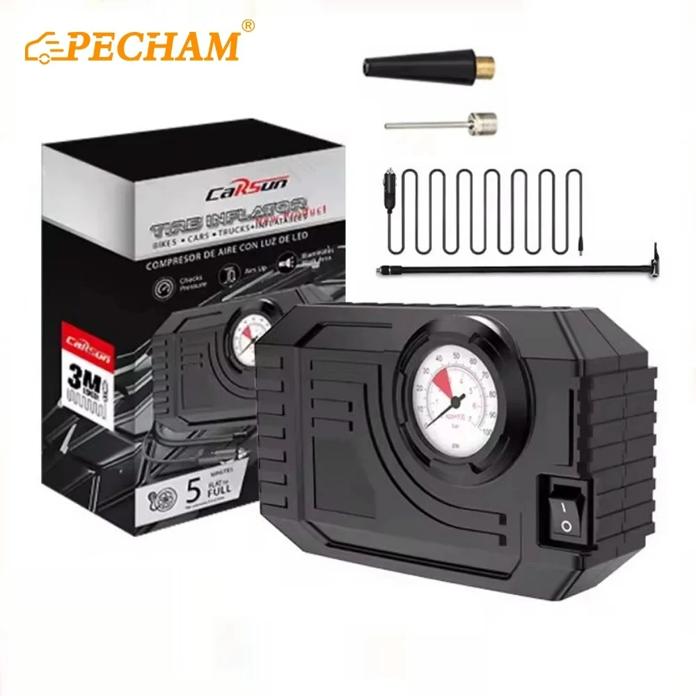 PECHAM Car Electric Air Pump Mini Tire Inflator 12V 100PSI 25L/Min Portable Air Compressor For Car Motorcycles Bicycle Inflatabl