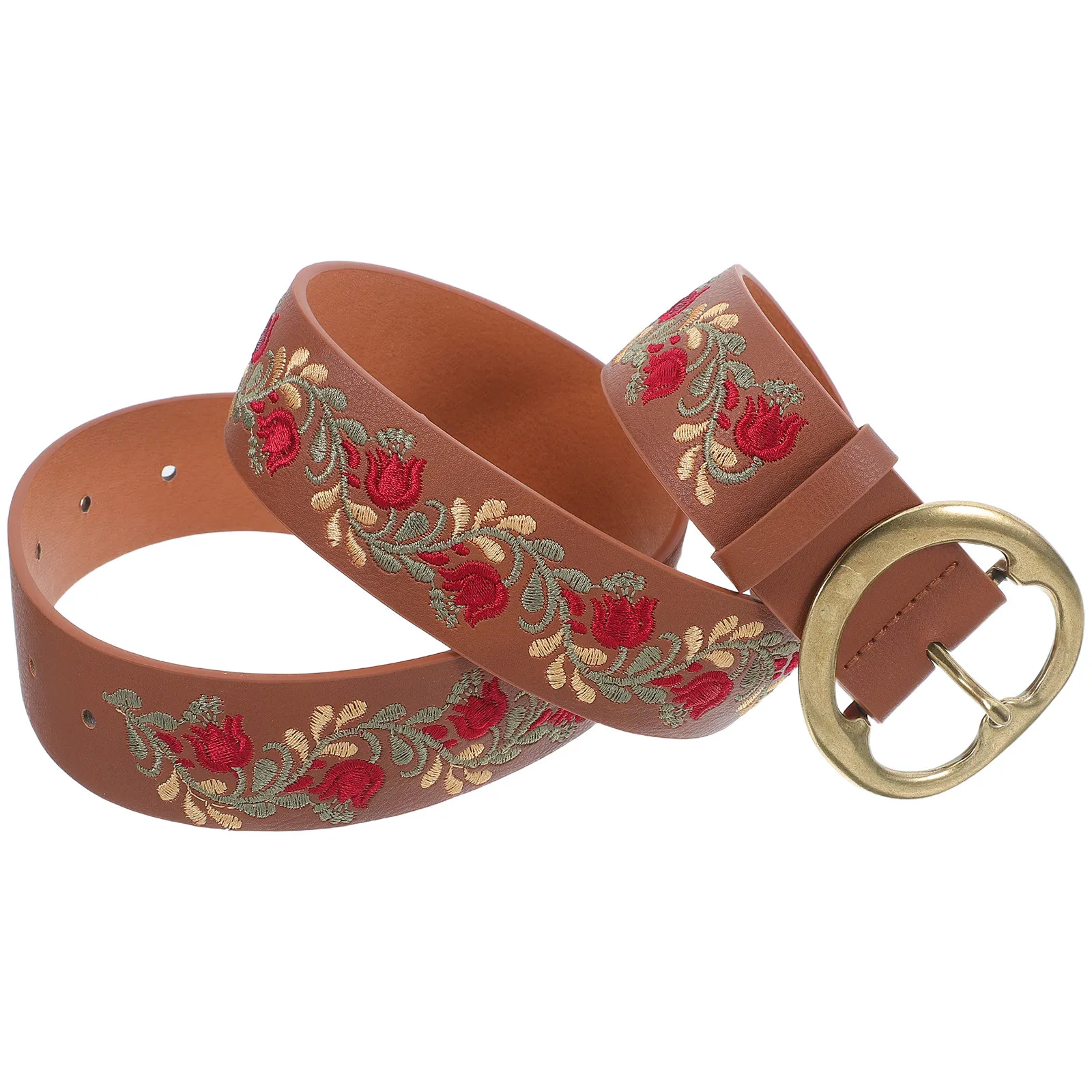 Dress Belt Embroidered Flower Boho Belts for Women Jeans Decorative Brown Buckle
