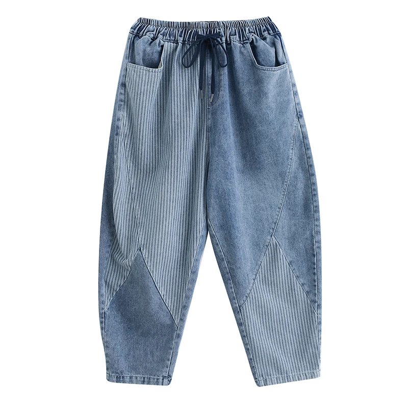Verão feminino cintura alta solta ajuste retalhos jeans Dstring emagrecimento calças Harlan listra vertical coreano Sle plus...