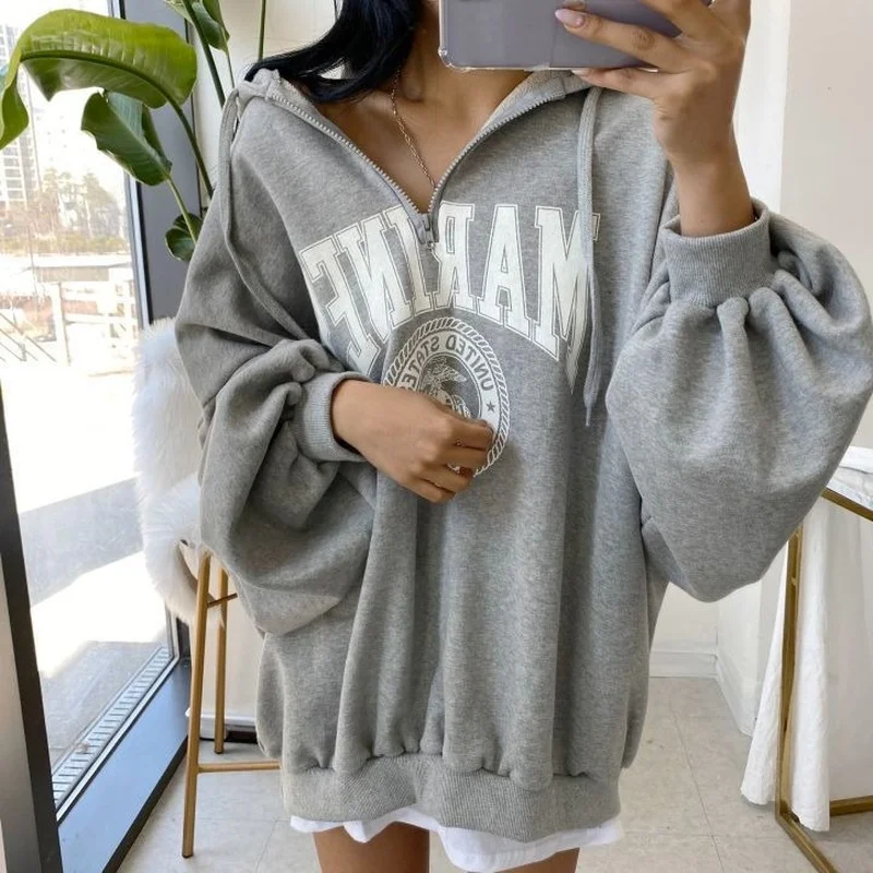 Sweat à Capuche Gris en Coton pour Femme, Streetwear, Mode Coréenne, Fermeture Éclair Complète, Décontracté