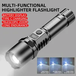 High Power XHP100 Led Flashlight Rechargeable Retractable Flashlight Digital Zoom Usb Hand Light For Camping,Outdoor And Emerge