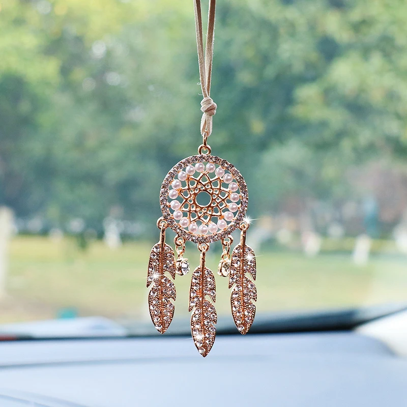 Diamond-encrusted alloy dream catcher car interior pendant rearview mirror accessories