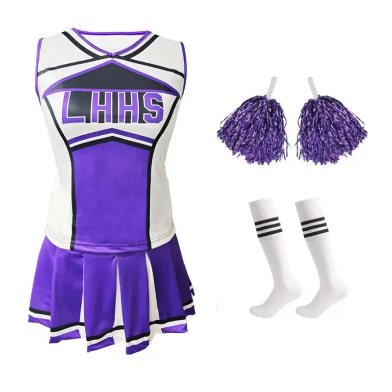 女性用チアリーダーコスチューム制服衣装トップミニプリーツスカートストッキングポンポンカーニバルチアリーディングスーツセット