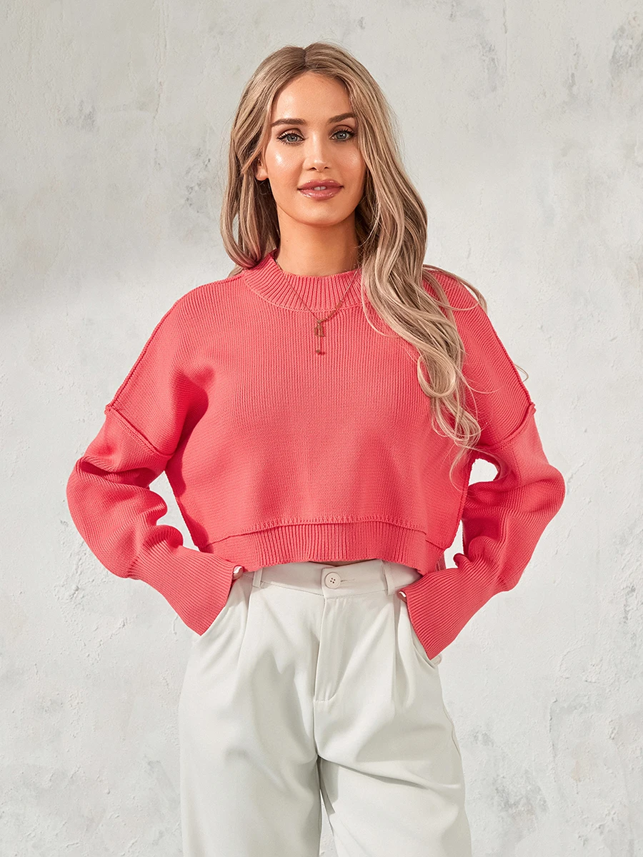 wsevypo Women's Knit Cropped Sweaters Fall Winter Casual Solid Color/Striped Long Sleeve Round Neck Pullover Tops Basics Jumpers