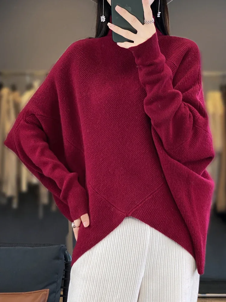 Women's Skin-friendly Turtleneck Wool Sweater Loose Thick Bat Irregular Monochromatic Autumn Winter Fashion Female Top