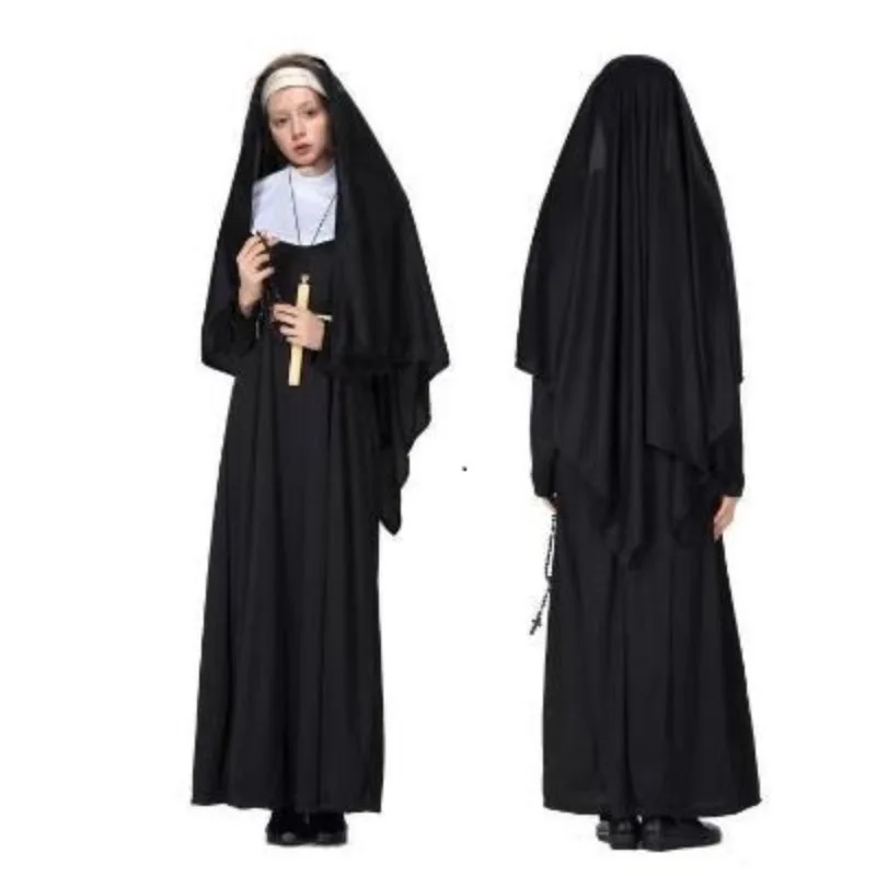 Women Nun Robe Cosplay Costume Long Gown Religious Outfit for Halloween Masquerade Party Drama Stage Performance