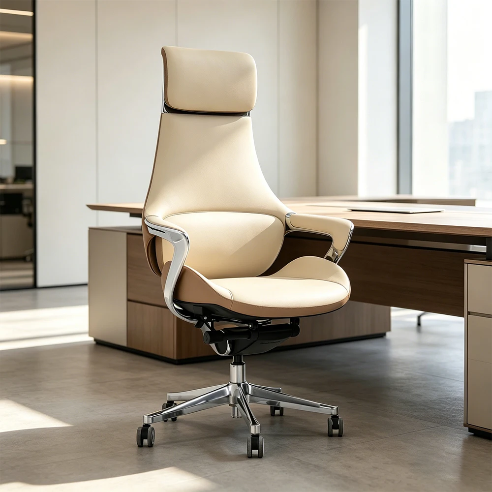 China Genuine Leather Office Chairs Rotation Steel Armrest Aluminium Base Ergonomic Executive Cahir