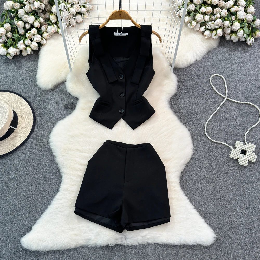 Two Piece Shorts Set Sleeveless Vest Women\'s Summer Cool Sassy Blazer Vest+Wide Leg Shorts High Waisted Casual Black Two-piece