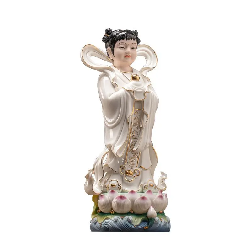 

Ceramic ornaments, golden boy and jade girl Buddha statues are offered to serve in front of the household Buddha