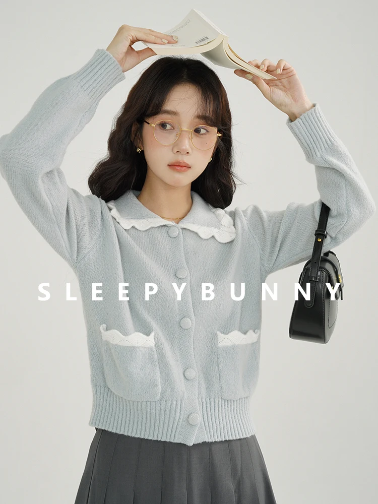 Sweet Baby Blue Cardigan | Contrast Trim Doll Collar Knit Sweater | Soft Cozy Long Sleeve Button Front Knitwear for Women Winter