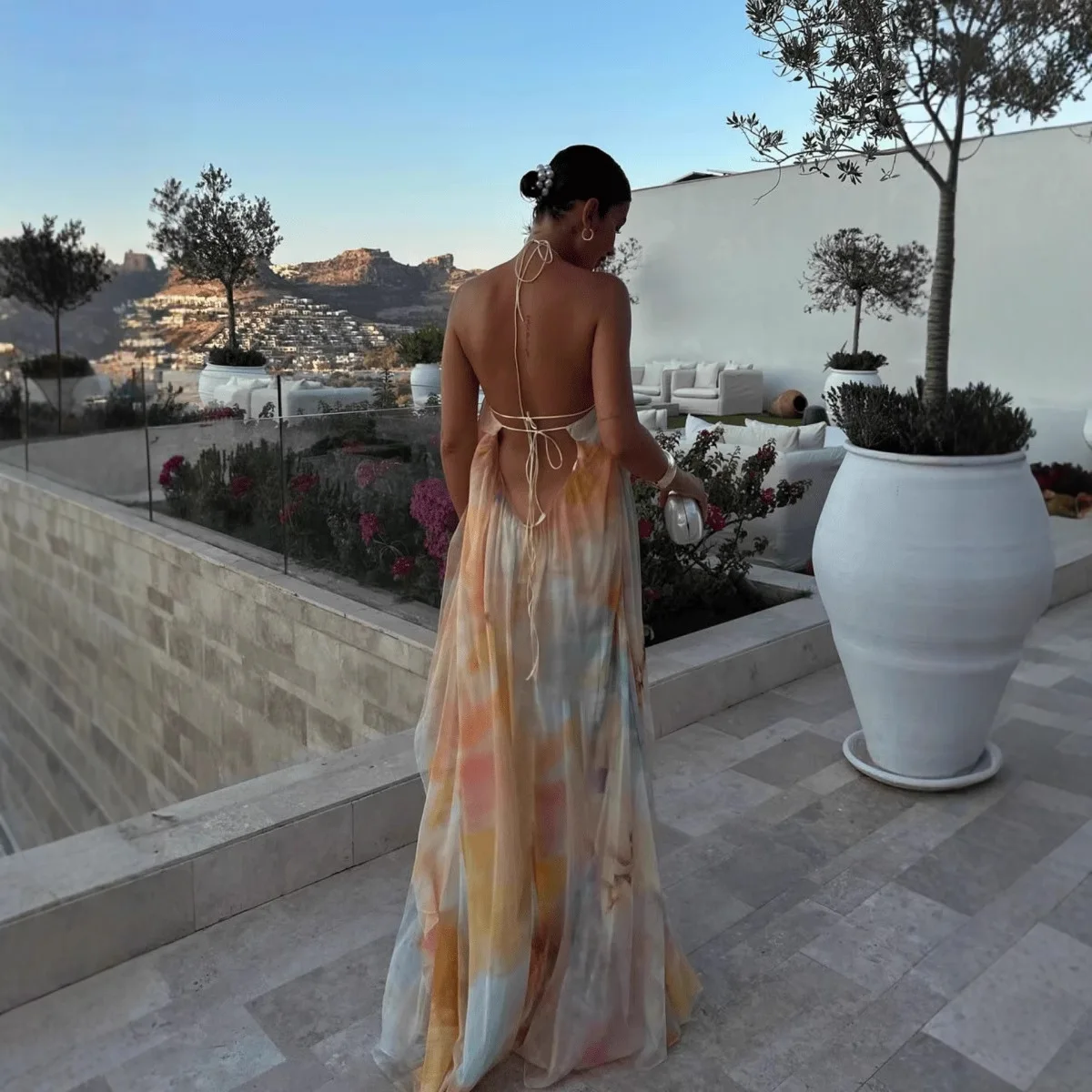 Robe imprimée de style européen et américain pour femmes, col ample, col licou, loisirs, vacances, robe de bord de mer, nouvelle collection