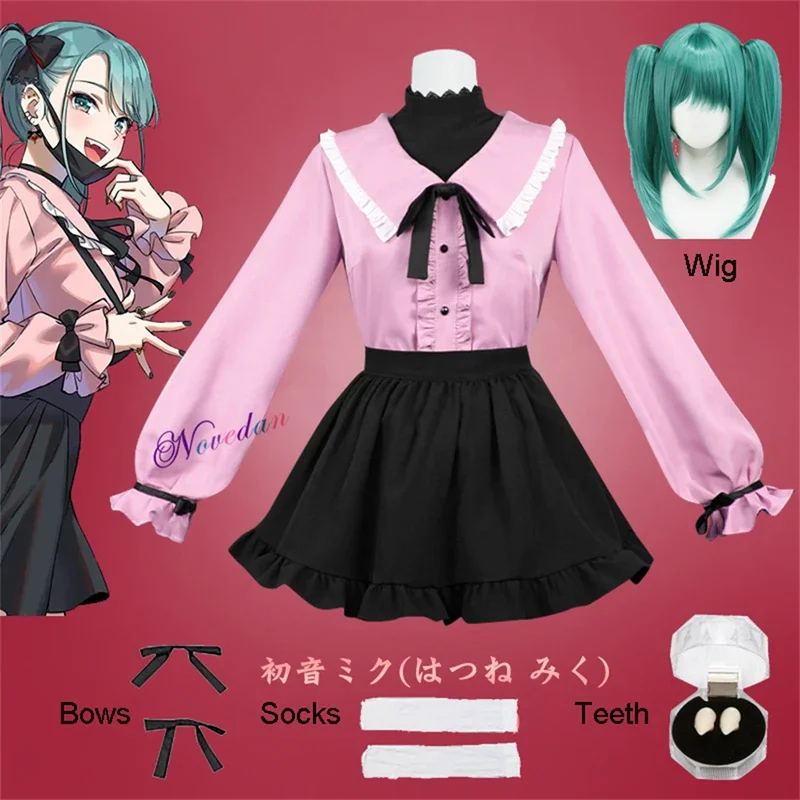 Disfraz de vampiro Miku para mujer, peluca, traje de anime, vestido rosa kawaii, camisa, uniforme, accesorios de disfraz de Halloween