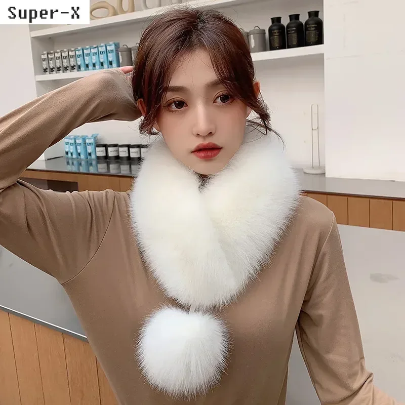 Winter Women Scarf Short Thick Plush Fluffy Faux Fur Scarf with Big Pompom Winter Fur Collar Solid Color Neckerchief