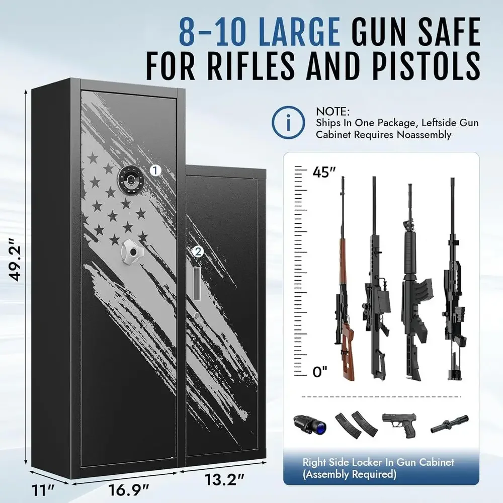

8-10 Rifle Storage Cabinet with 4 Pistol Slots Removable Shelf for Shotgun Firearms Ammunition Security Lock for Home Defense