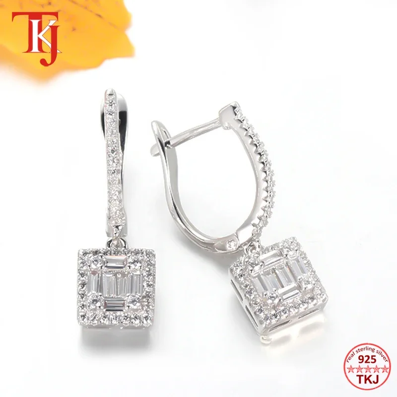 

TKJ 925 Sterling Silver Women's Fashion Shiny CZ Cubic Zirconia Earrings Wedding Cocktail Party Gemstone Jewelry