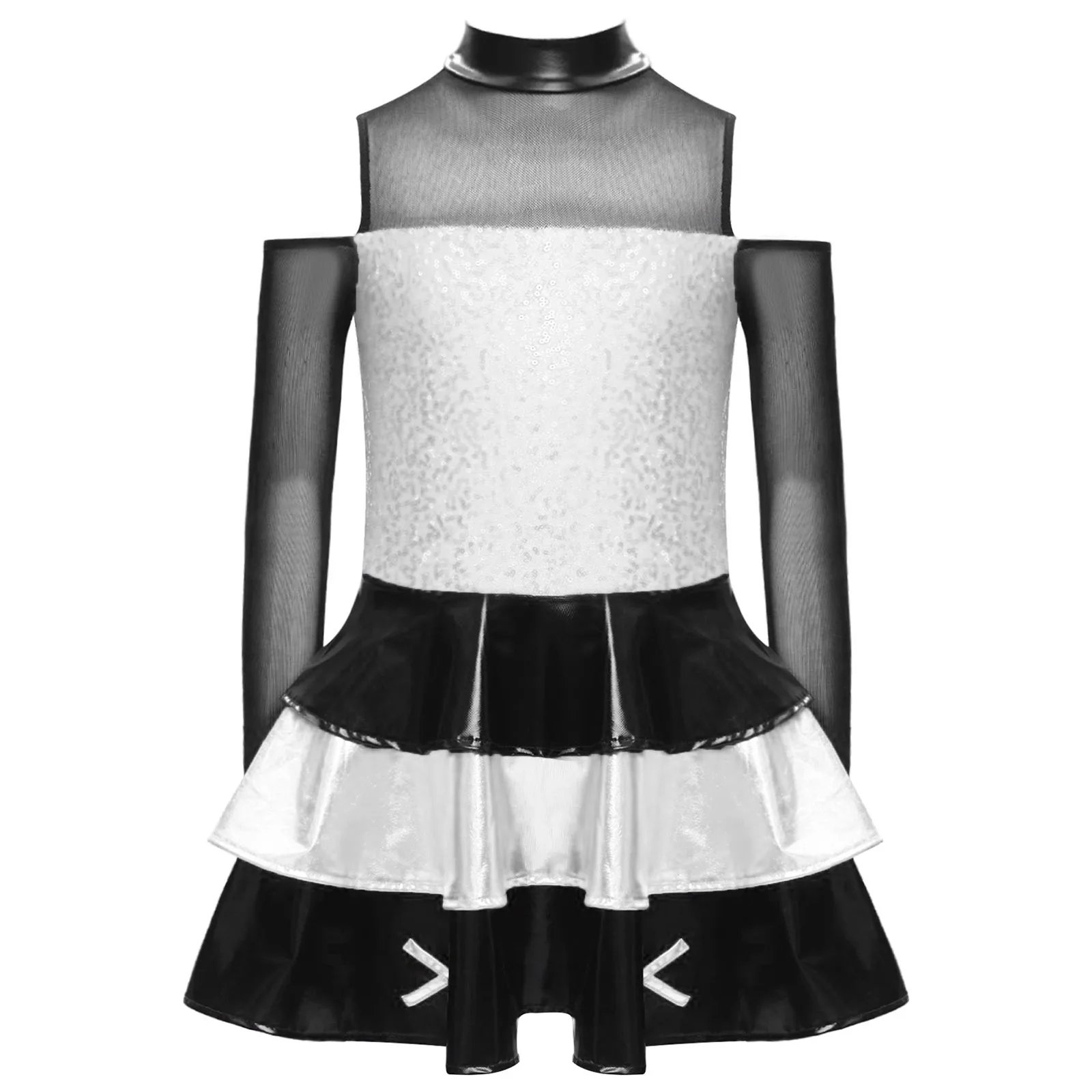 Meisjes Jazzdans Jurk Kunstschaatsen Kostuum Lange Mouw Glanzende Pailletten Tiered Verstoorde Ballet Tutu Ritmische Gymnastiek Turnpakje