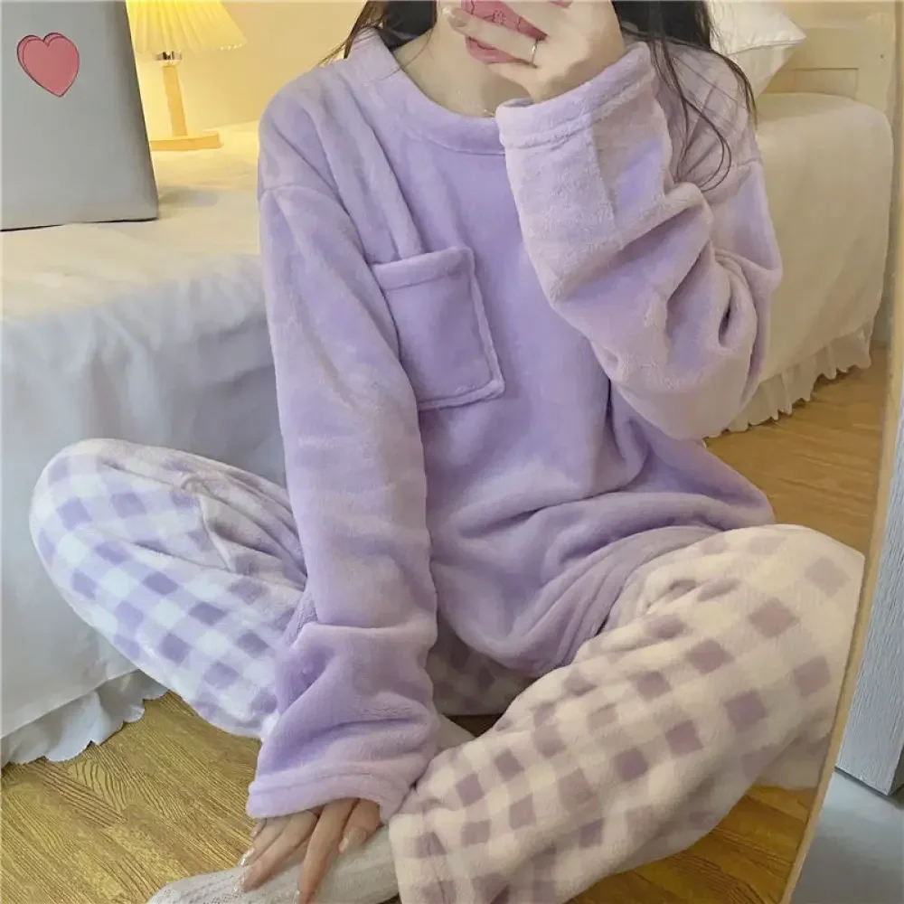 fleece-thick-warm-women's-pajamas-set-winter-sleepwear-casual-solid-top-and-plaid-pants-soft-pijamas-set-for-women-home-suit