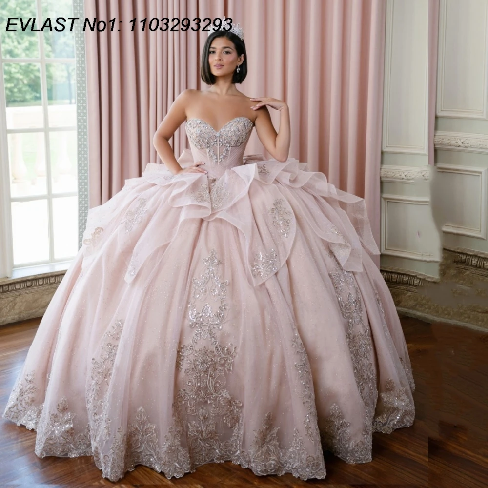 

Индивидуальное розовое платье для квинсеаньеры EVLAST, бальное платье с серебряной кружевной аппликацией, бисером и оборками, для торжества Sweet 16, Vestidos De 15 Anos E1QN887