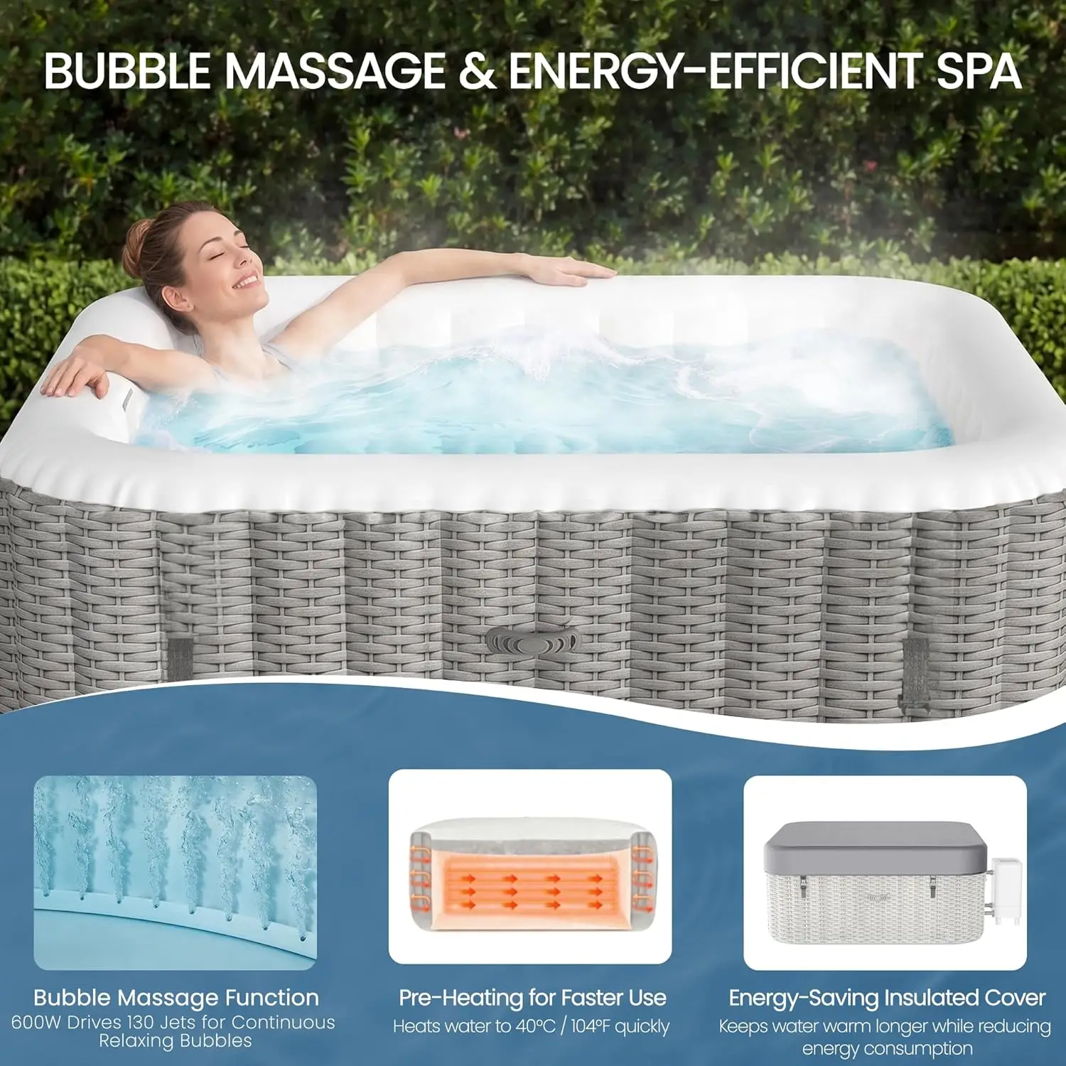 Inflatable Hot Tub for 4-6 Person, PVC Portable Hot Tub with 130 Airjets, Reinforced Filtered Outdoor Spa with 360°, Customized view 6