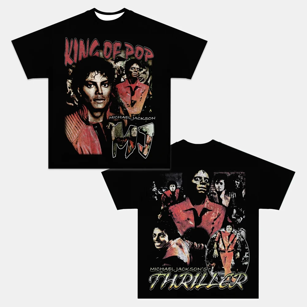 Camiseta Retro Negra para Hombre con Diseño de Leyenda Musical, Estampado de Álbum de Thriller a Doble Cara, Estilo Casual Holgado, Ropa Urbana de Manga Corta para Coleccionistas