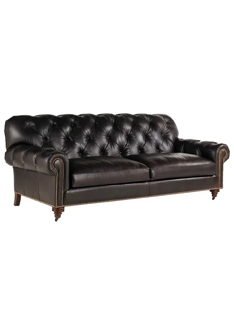 

American retro old high-end leather sofa European hotel living room model room office three-person sofa spot