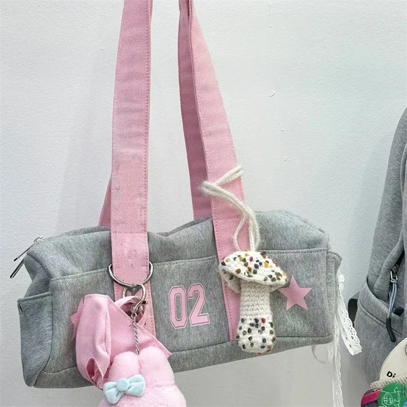 

Холщовая сумка на плечо в стиле Харадзюку для женщин, большая вместительная серая сумка-тоут Y2K, модная сумка подмышками для школы, спортивная уличная одежда