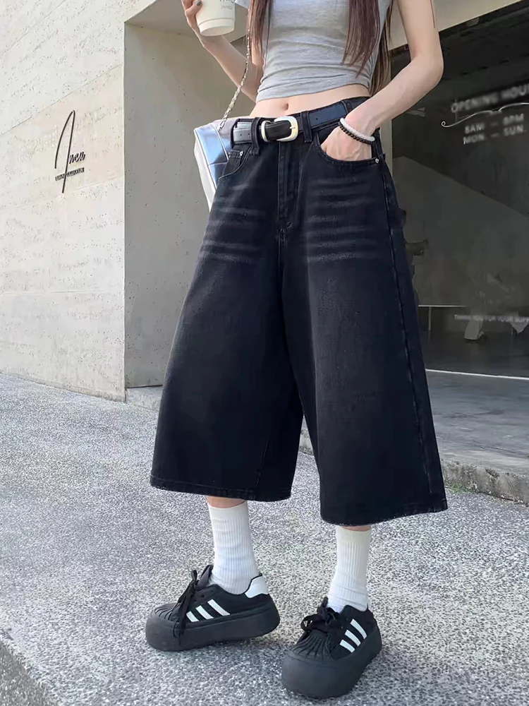 PBAP Whiskers Women Black Baggy Jeans Jorts Washed Distressed Low Rise Straight Wide Leg Denim Shorts Vintage Summer Streetwear