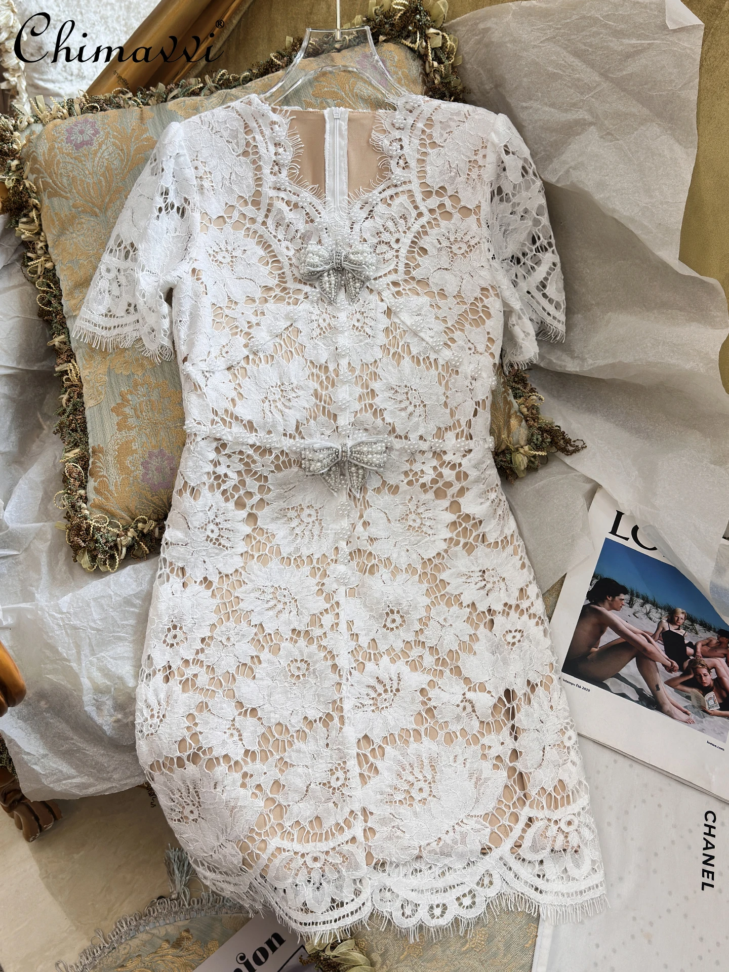 

2025 Summer Dresses New Lace French Heavy Industry Waist Short Dress Fashion Girl Slim Temperament Sexy Women's Short Dress