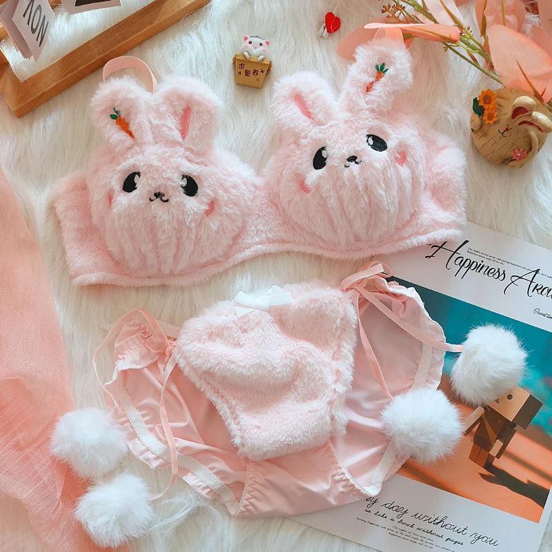 Japanese lolita girls plush lingerie with underpants no steel ring push-up bra set warm lingerie underpants suit rabbit bralette