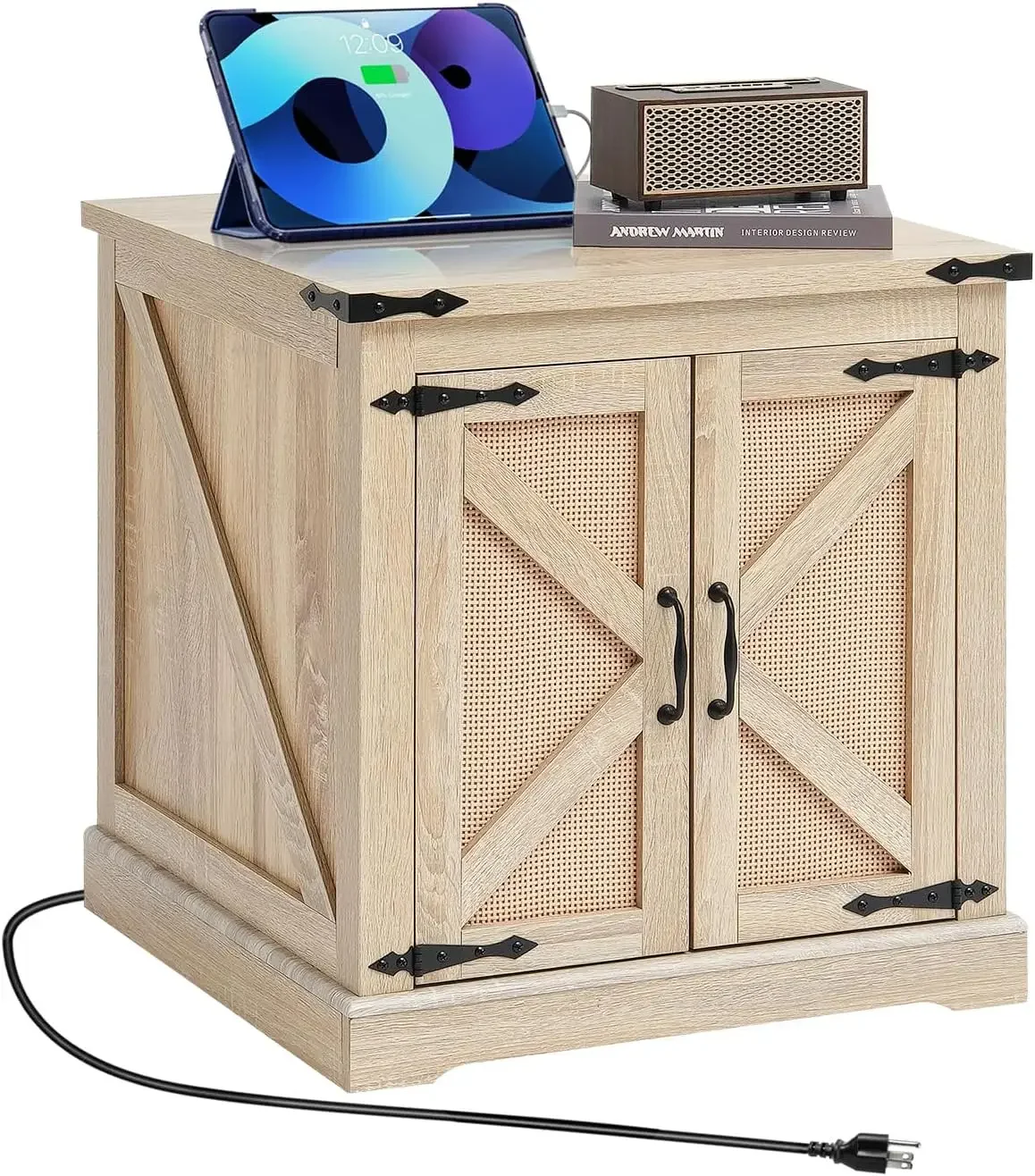 Farmhouse End Table, Rectangle PE Rattan Woven Wood Coffee Table, 24-Inch Modern Boho Style Storage Coffee Table