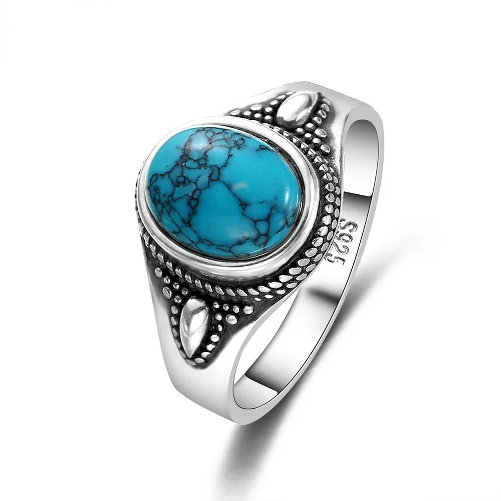 Natural Turquoise Rings for Women Men Sterling Silver 925 Ring Engagement Party Finger Ring Gift Vintage Fine Jewelry