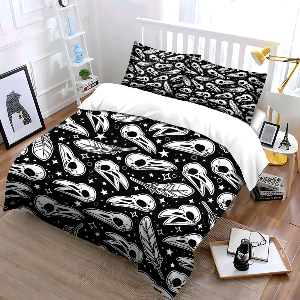 Raven skulls and feather Pattern Duvet Cover Set Digital Print Colorful Polyester Bedding with Zipper Closur for kids gifts