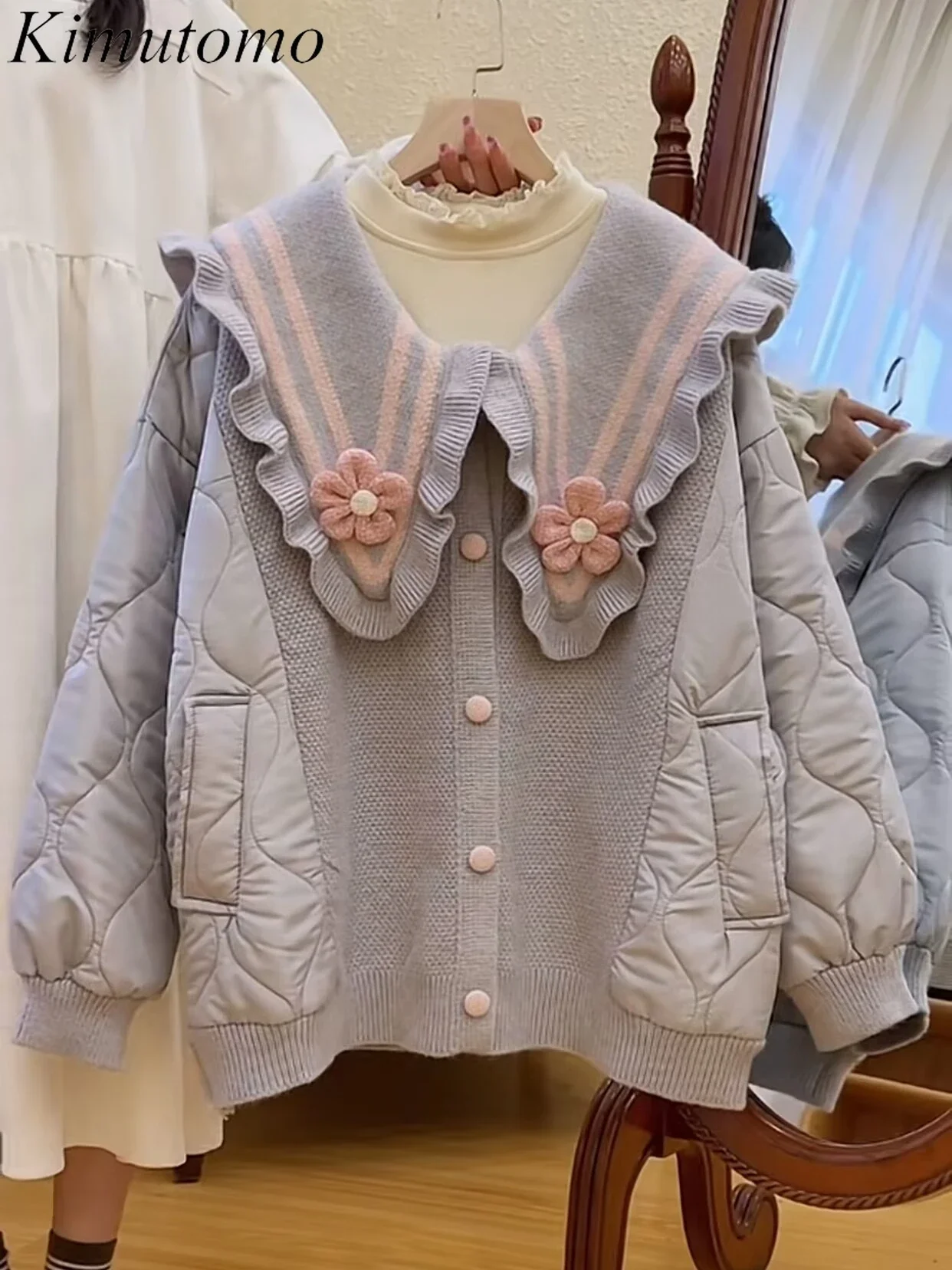 Kimutomo Heavy Industry Quilted Coat Peter Pan Collar Wood Ear Hem 3D Flowers Winter Clothes Women Korean Sweet Loose Coats