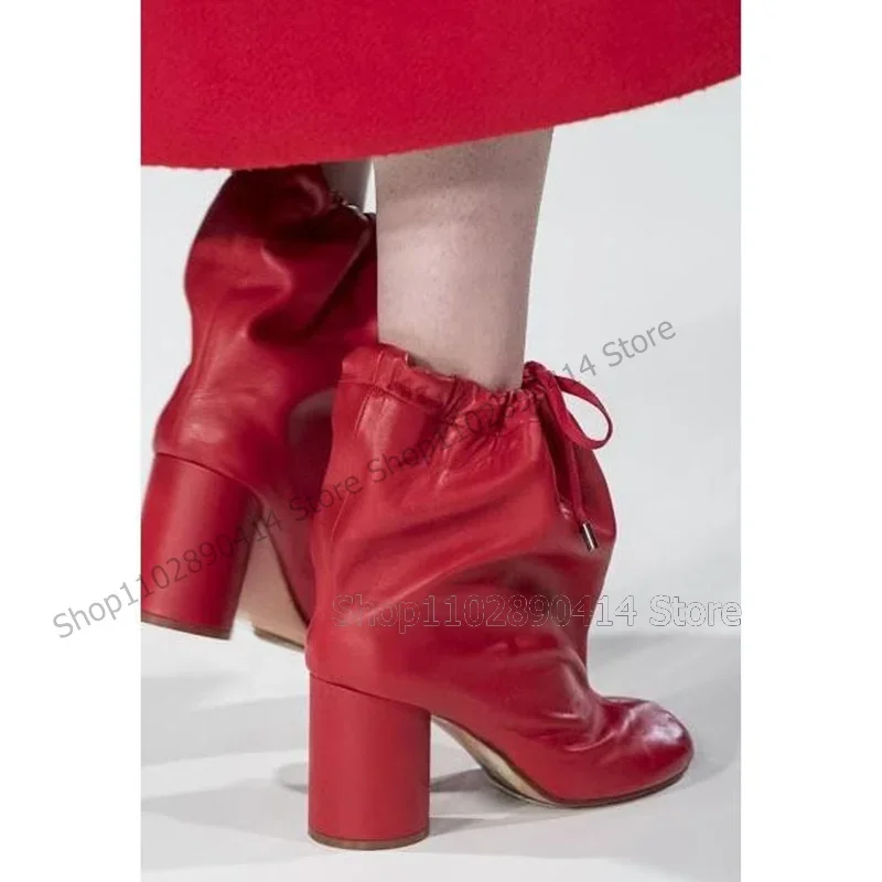 

Red Horse Hoof Mid Calf Matte Leather Boots Elatic Band Women Shoes Chunky High Heels Fashion Banquet 2025 Zapatos Para Mujere