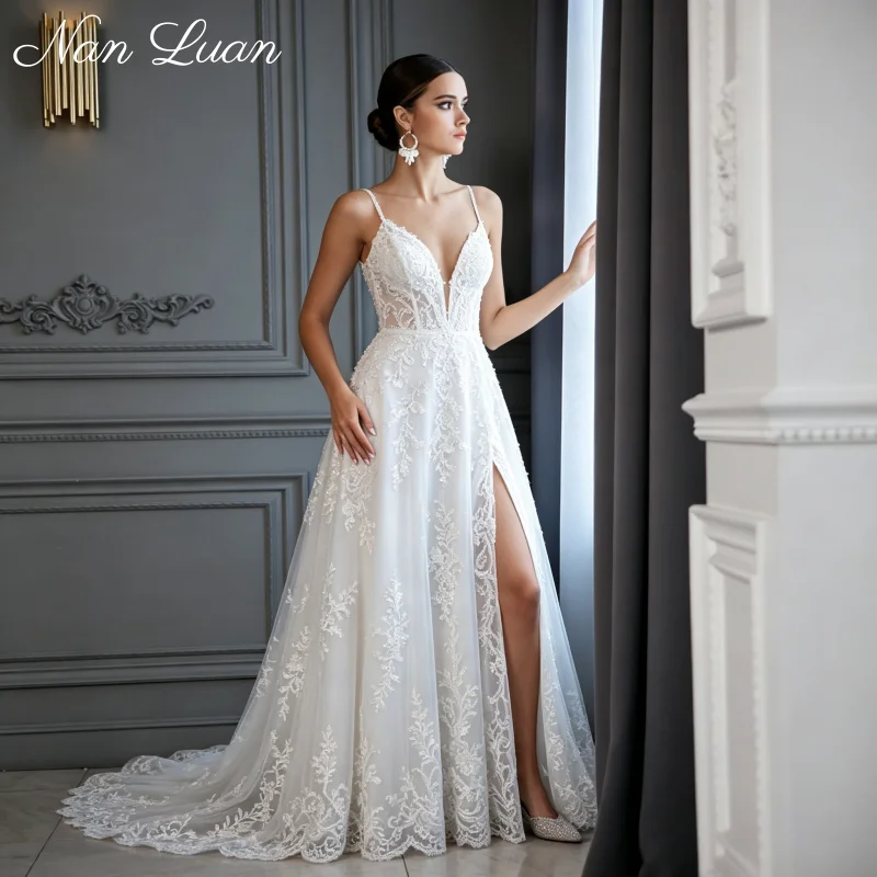 Spaghetti Strap Deep V Lace Wedding Dresses High Slit 26 Bridal Gowns Vestidos de Novia Customized