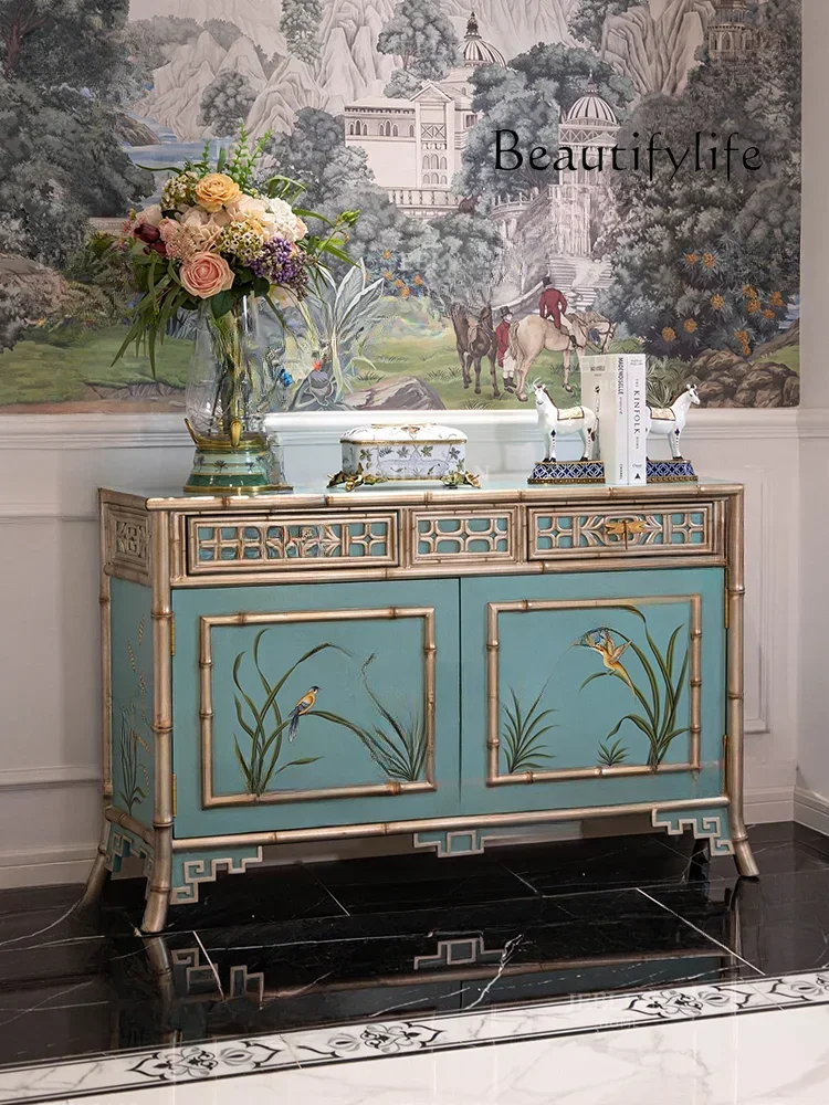 

N French Retro Cyan Hand Painted Bird-and-Flower Painting Double Door Entrance Cabinet American Country Solid Wood Sideboard
