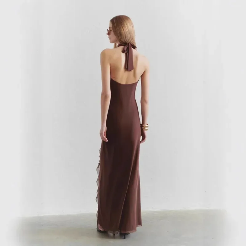 セクシーな V ネック背中の開いたボディコン A ラインドレス無地タイウエストフリルストラップレスドレス夏のファッション女性の休暇ドレス