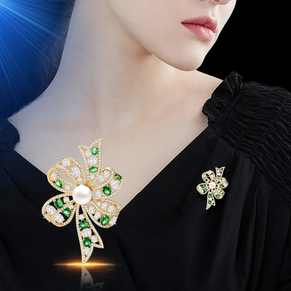 

Hollow Inlaid Zircon Bow Brooch Elegant Freshwater Pearl Bowknot Corsage High-quality Women's Brooches for Clothes Decor