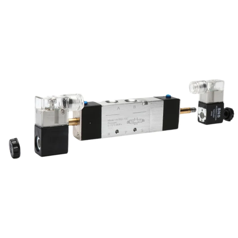 4V330-10 Solenoid Valve, 3-Position 5-Way Pneumatic Directional Control Valve, 24V Power-Off  Pressure-Holding Function