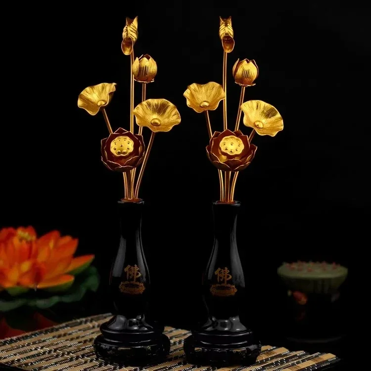 Buddhist supplies flower vase sacrificial vessel aluminum lotus flower offering 5 bunches Temple gilding buddha flower a pair