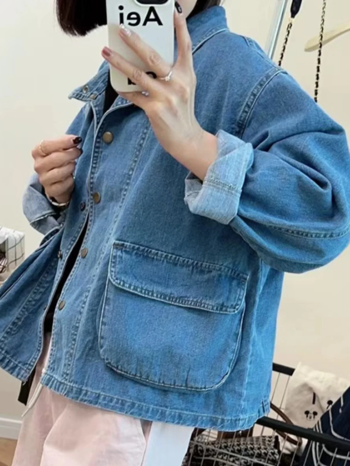 

Retro Waed Loose Fit Long Sve Denim Jaet Women's Casual Sle Button up Trendy Top Cotton Collar Stand Length